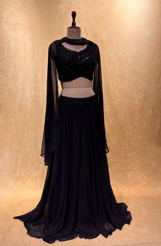 ( DELIVERY IN 20-25 DAYS ) BLACK COLOUR GEORGETTE PARTY WEAR INDOWESTERN PALAZZO WITH HAND EMBROIDERED CROP TOP EMBELLISHED WITH SEQUINS & CUTDANA WORK