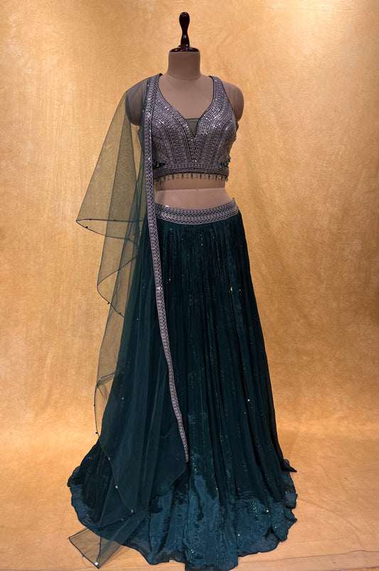 TEAL GREEN COLOUR CHINON SKIRT WITH CROP TOP BLOUSE EMBELLISHED WITH SEQUINS WORK & NET DUPATTA
