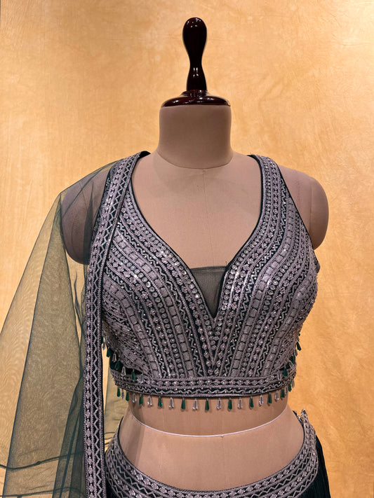 TEAL GREEN COLOUR CHINON SKIRT WITH CROP TOP BLOUSE EMBELLISHED WITH SEQUINS WORK & NET DUPATTA