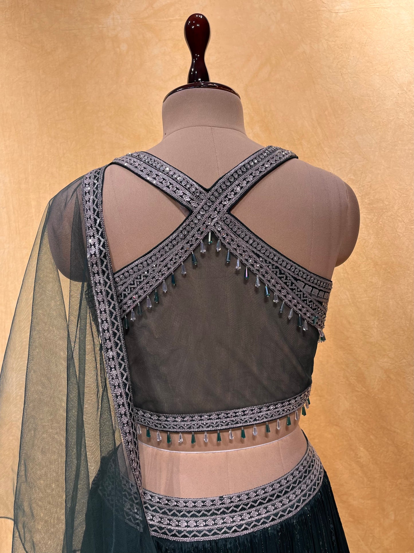 TEAL GREEN COLOUR CHINON SKIRT WITH CROP TOP BLOUSE EMBELLISHED WITH SEQUINS WORK & NET DUPATTA