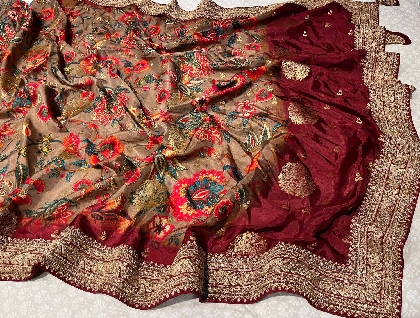 (DELIVERY IN 25 DAYS) TAN BROWN & MAROON COLOUR DOLA SILK EMBROIDERED BORDER SAREE EMBELLISHED WITH ZARI & SEQUINS WORK