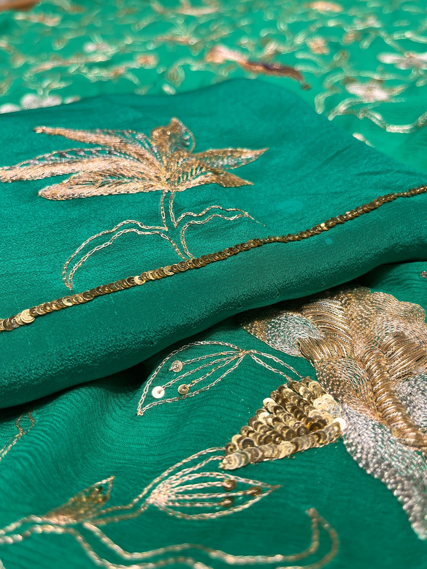 TEAL GREEN COLOUR SHADED PURE CHIFFON HAND EMBROIDERED SAREE EMBELLISHED WITH AARI & SEQUINS WORK