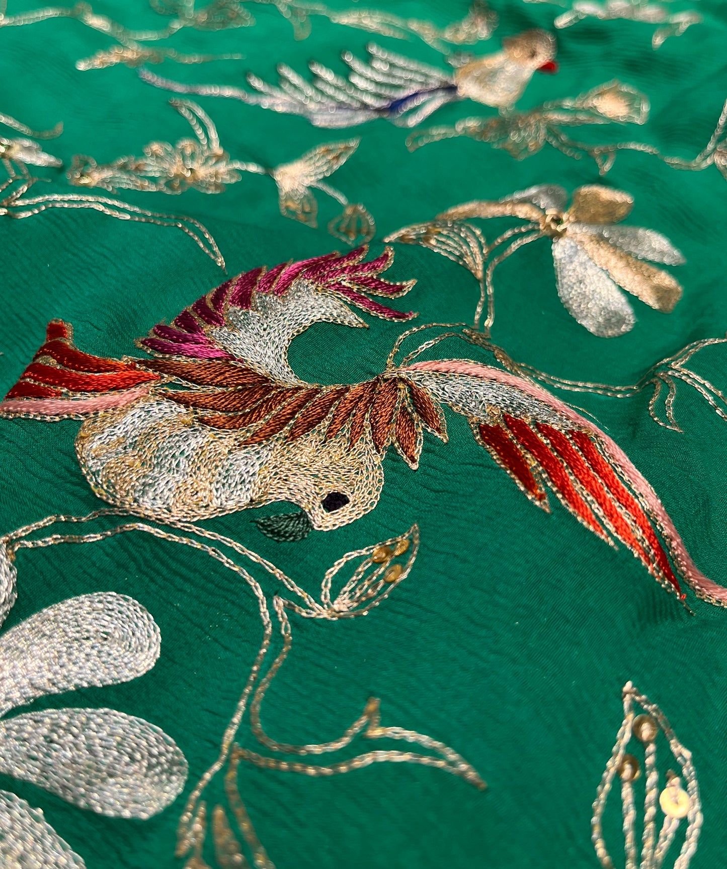 TEAL GREEN COLOUR SHADED PURE CHIFFON HAND EMBROIDERED SAREE EMBELLISHED WITH AARI & SEQUINS WORK