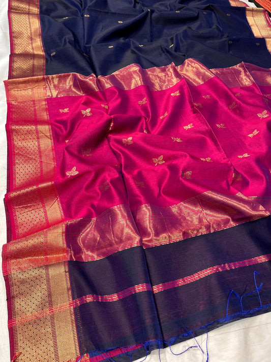 BLUE COLOUR COTTON SILK MAHESWARI SAREE WITH CONTRAST PALLA & ZARI BORDER