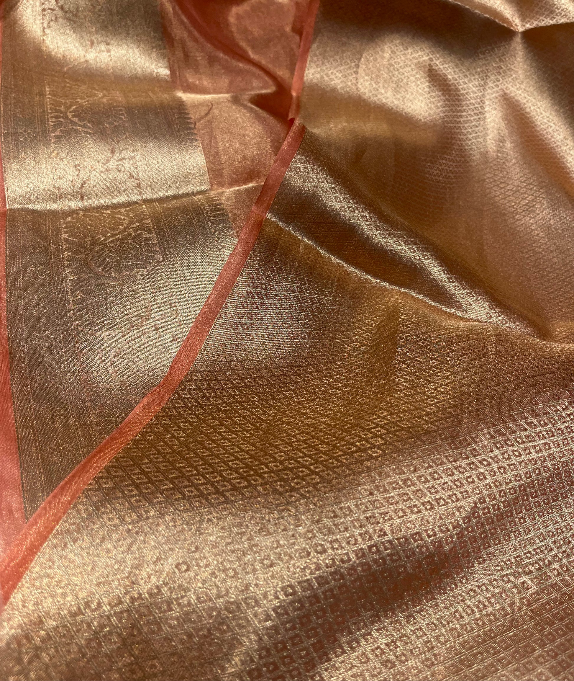 PEACH COLOUR PURE TISSUE SILK SAREE WITH RICH BROCADE BLOUSE - Kothari Sons