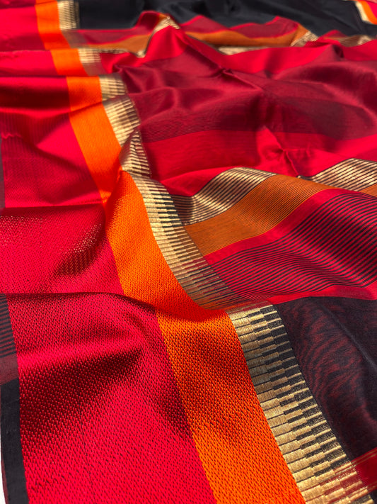 BLACK COLOUR COTTON SILK MAHESWARI SAREE WITH RESHAM BORDER