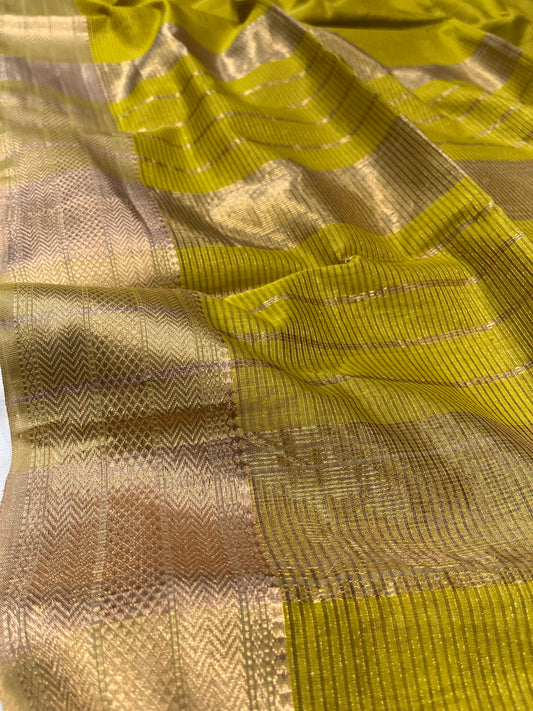 PARROT GREEN COLOUR COTTON TISSUE MAHESWARI SAREE EMBELLISHED WITH ZARI WEAVES