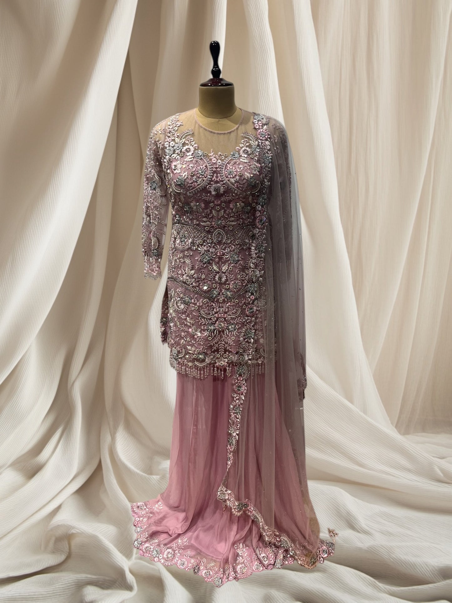 ELEGANT PINK NET SHARARA SUIT WITH RESHAM & SEQUINS EMBROIDERY