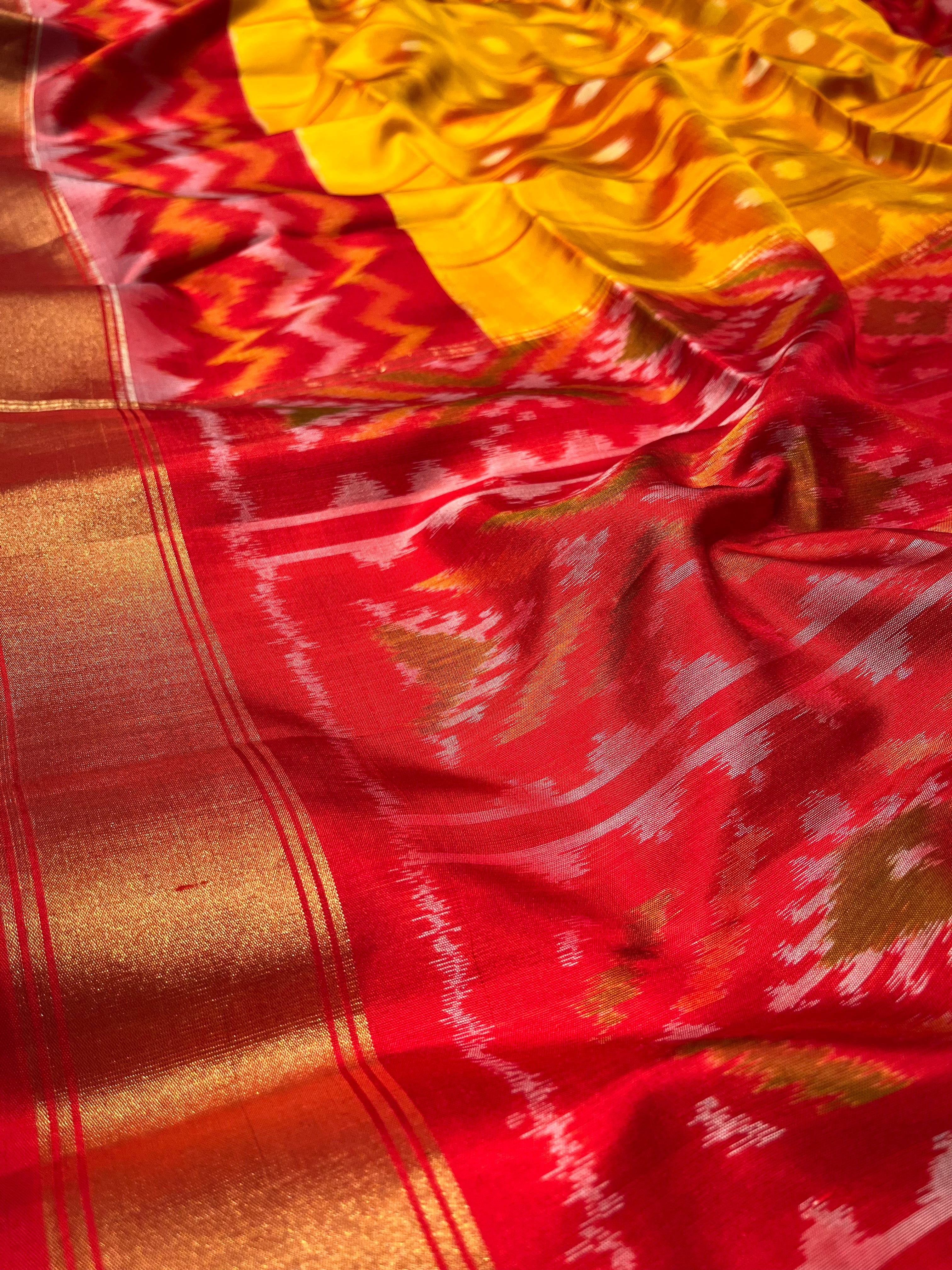 Mango Yellow and Maroon color pochampally ikkat pure silk handloom saree  with all over ikkat design