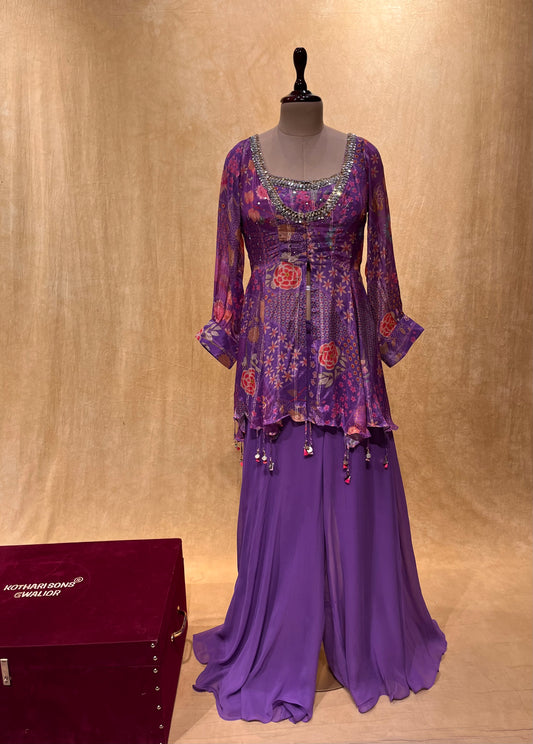 PURPLE COLOUR PALAZZO PANT WITH CROP TOP BLOUSE & SHRUG EMBELLISHED WITH SEQUINS & STONE WORK