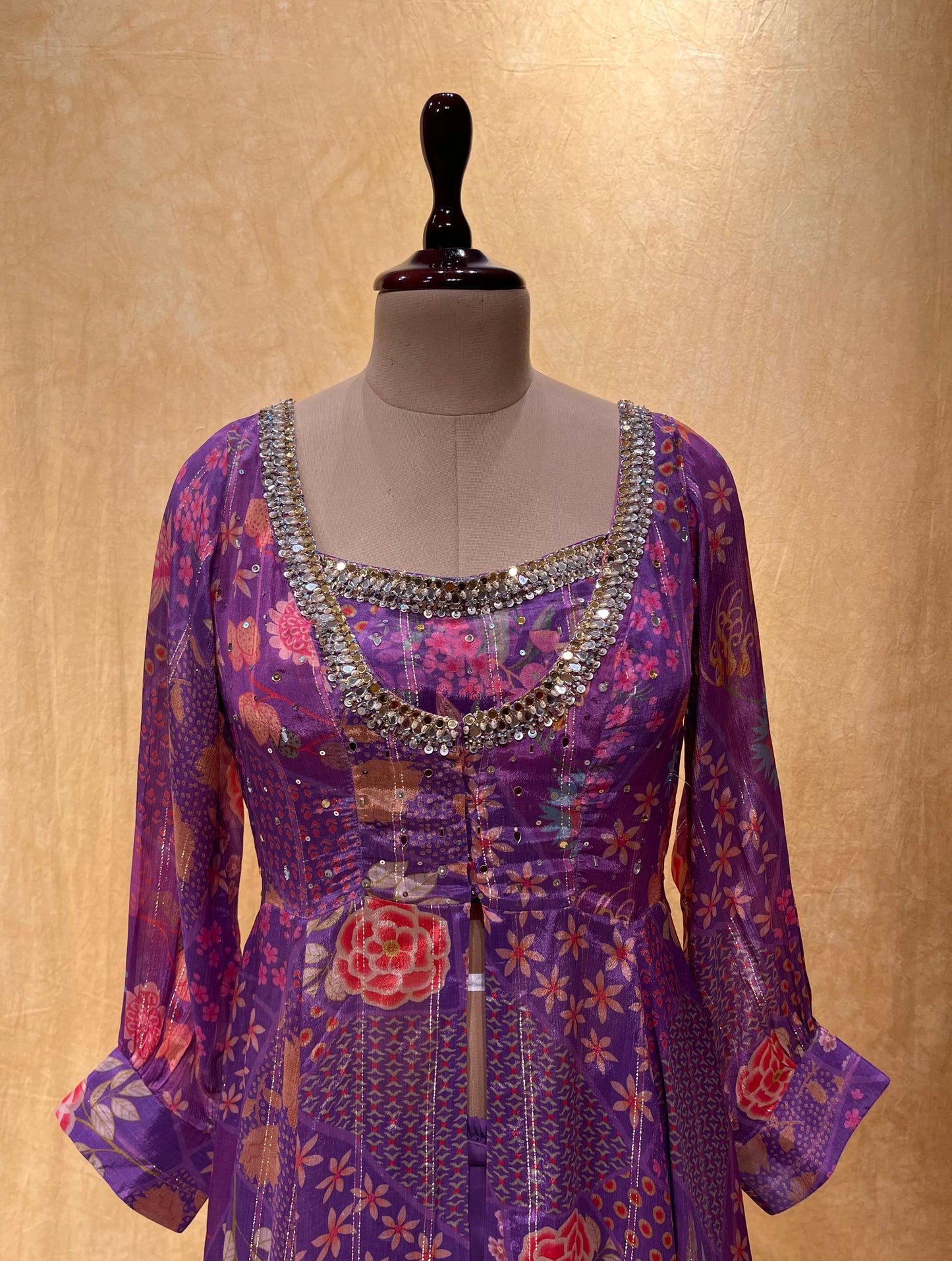 PURPLE COLOUR PALAZZO PANT WITH CROP TOP BLOUSE & SHRUG EMBELLISHED WITH SEQUINS & STONE WORK