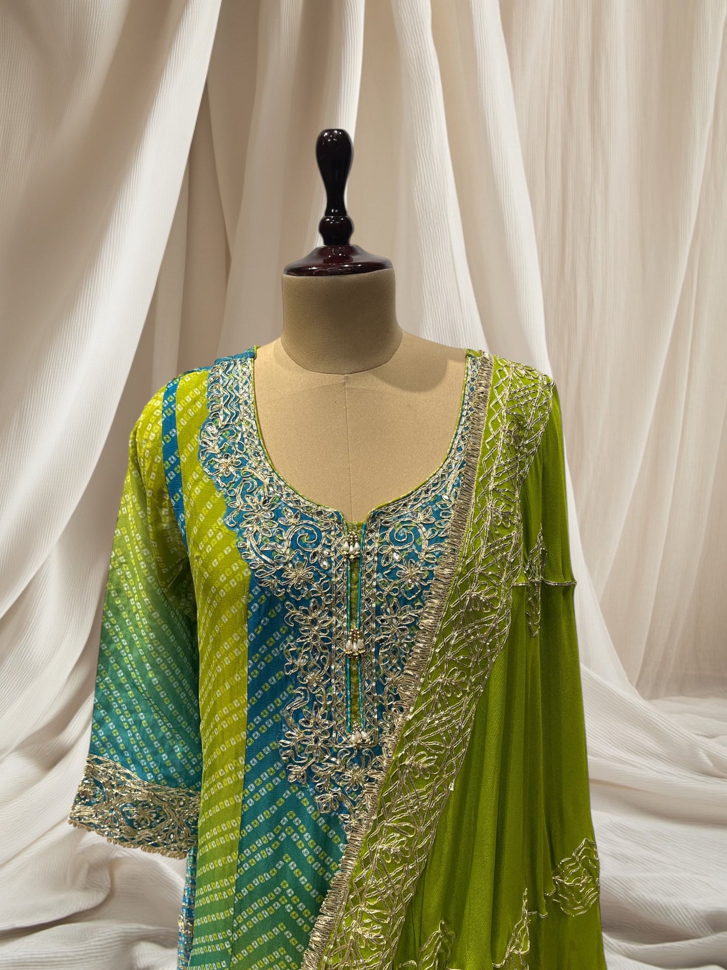 GREEN COLOR, CHINON FABRIC SHARARA SUIT TRADITIONAL GOTA PATTI WORK