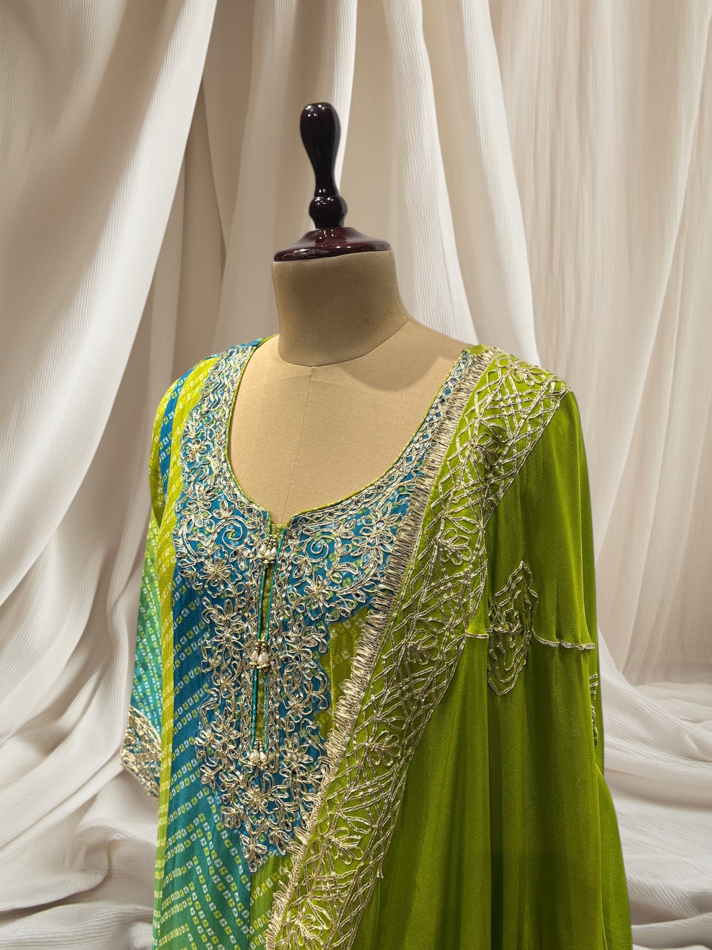 GREEN COLOR, CHINON FABRIC SHARARA SUIT TRADITIONAL GOTA PATTI WORK