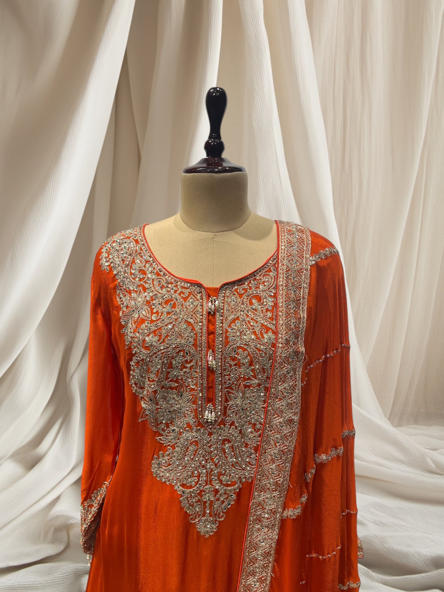 ELEGANT ORANGE CHINON  SHARARA SUIT WITH MIRROR WORK