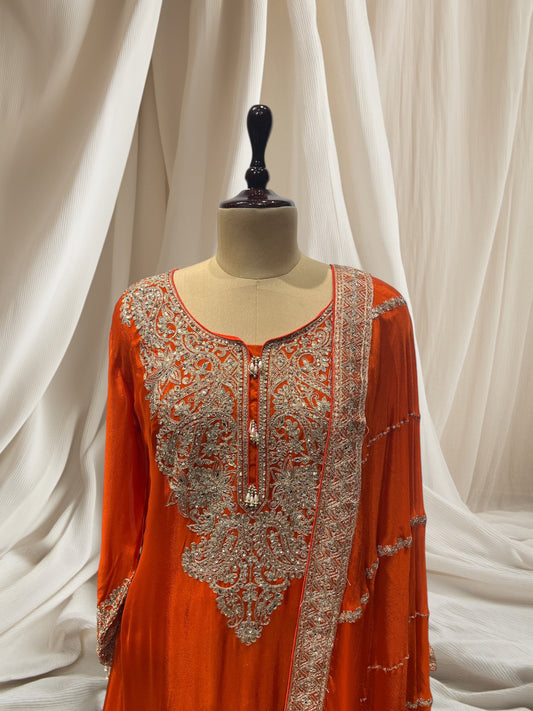 ELEGANT ORANGE CHINON  SHARARA SUIT WITH MIRROR WORK