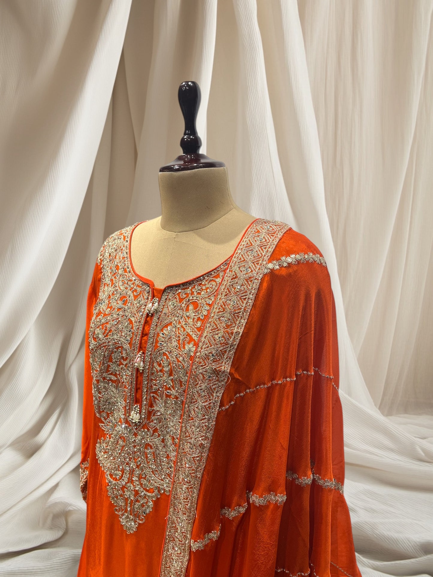 ELEGANT ORANGE CHINON  SHARARA SUIT WITH MIRROR WORK