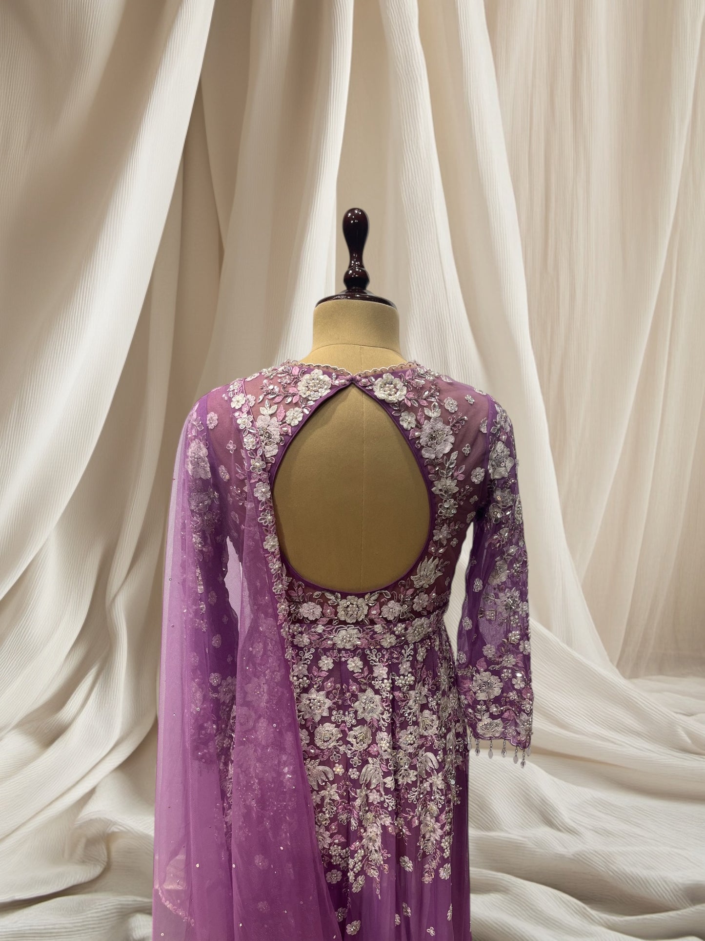 ELEGANT PURPLE GEORGETTE INDO WESTERN CROP TOP WITH RESHAM & PURL EMBROIDERY