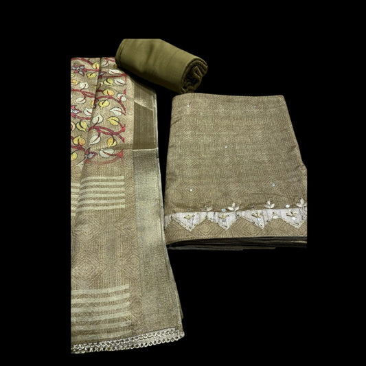 OLIVE GREEN COLOUR, CHANDERI JAMDANI WOVEN SUIT