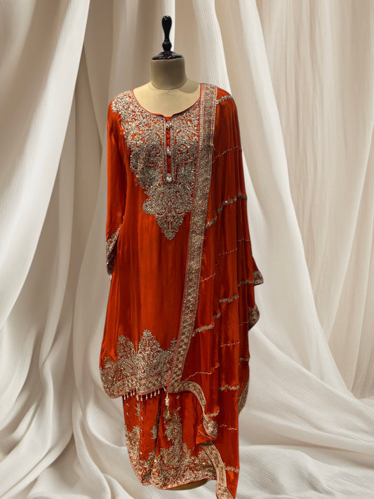 ELEGANT ORANGE CHINON  SHARARA SUIT WITH MIRROR WORK