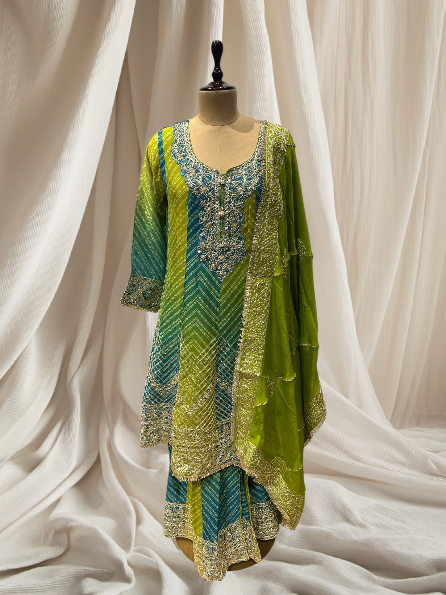 GREEN COLOR, CHINON FABRIC SHARARA SUIT TRADITIONAL GOTA PATTI WORK