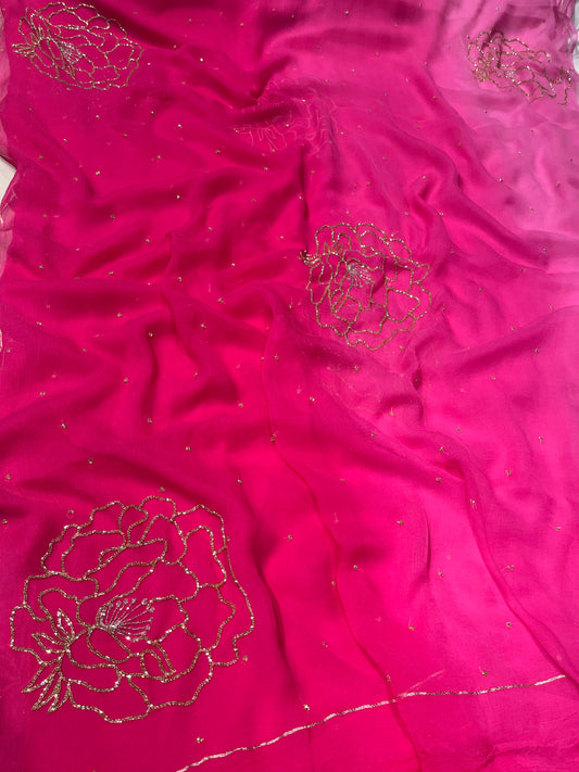 PINK SHADED CHIFFON EMBROIDERED SAREE EMBELLISHED WITH CUTDANA WORK ( DELIVERY IN 25 DAYS ) - Kothari Sons