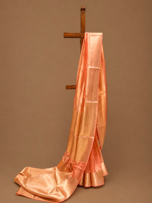 PEACH COLOUR PURE TISSUE SILK SAREE WITH RICH BROCADE BLOUSE - Kothari Sons