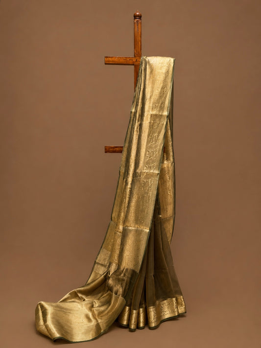 BASIL GREEN COLOUR PURE TISSUE SILK SAREE WITH RICH BROCADE BLOUSE - Kothari Sons