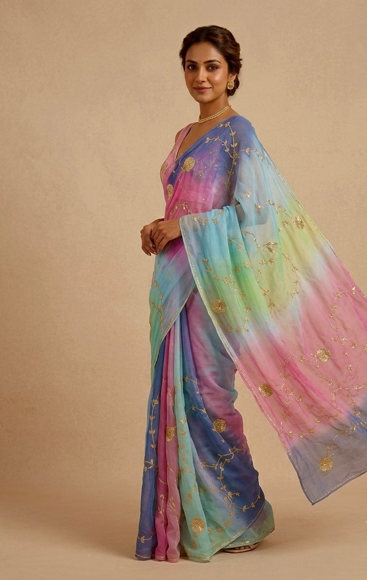 SHADED CHIFFON GOTA PATTI WORK EMBROIDERED SAREE WITH UNSTITCHED CHINON BLOUSE