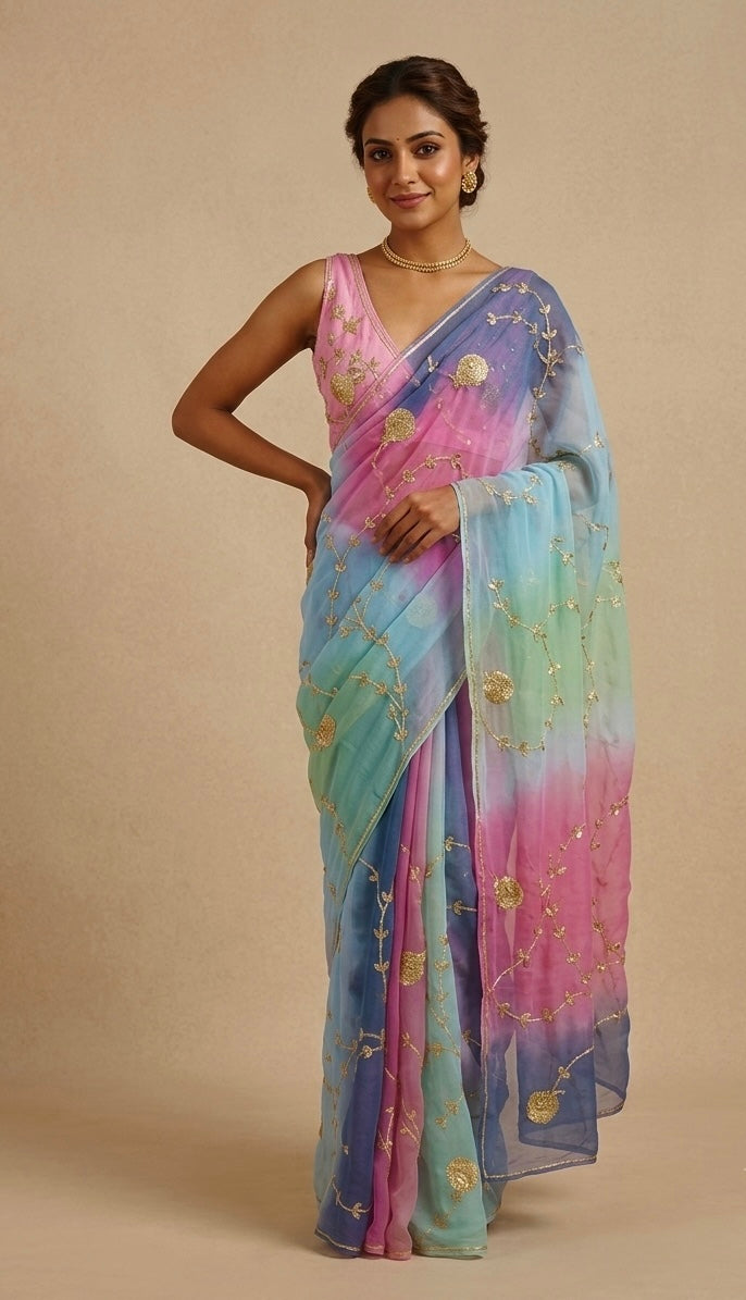SHADED CHIFFON GOTA PATTI WORK EMBROIDERED SAREE WITH UNSTITCHED CHINON BLOUSE