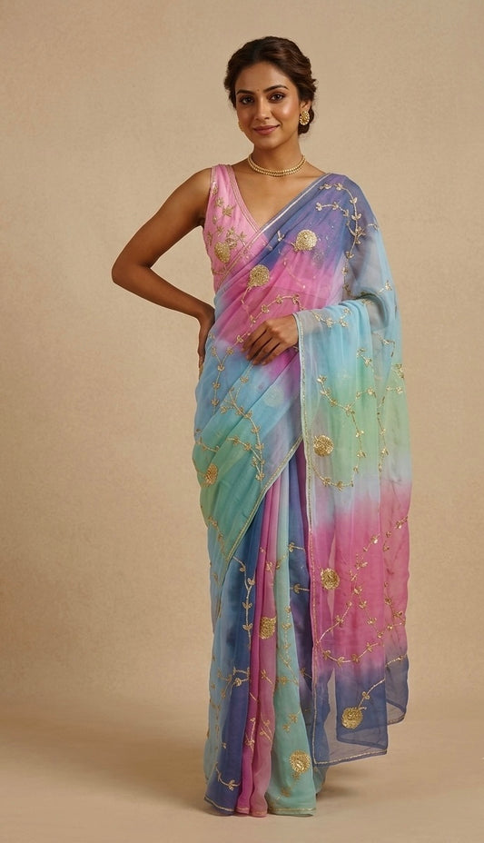 SHADED CHIFFON GOTA PATTI WORK EMBROIDERED SAREE WITH UNSTITCHED CHINON BLOUSE - Kothari Sons