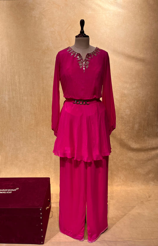 HOT PINK COLOUR CREPE SILK PANT WITH PEPLUM KURTA EMBELLISHED WITH BEADS & STONE WORK