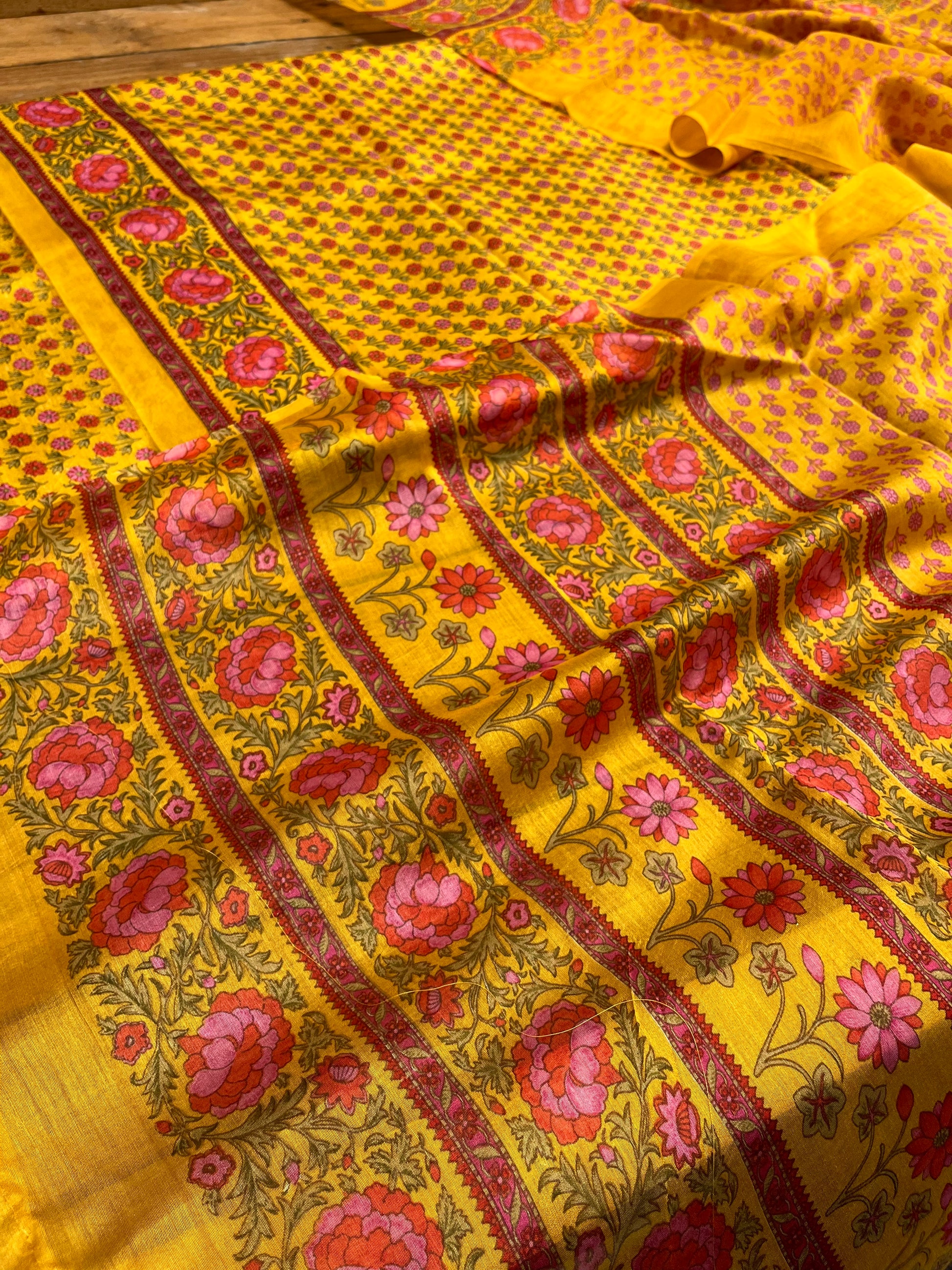 MUSTARD COLOUR CHANDERI SILK PRINTED UNSTITCHED SUIT ( DELIVERY IN 20-25 DAYS ) - Kothari Sons