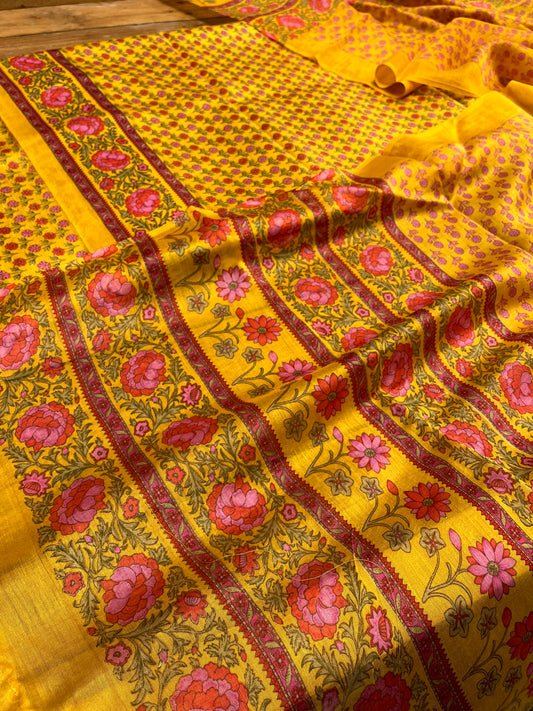 MUSTARD COLOUR CHANDERI SILK PRINTED UNSTITCHED SUIT ( DELIVERY IN 20-25 DAYS ) - Kothari Sons