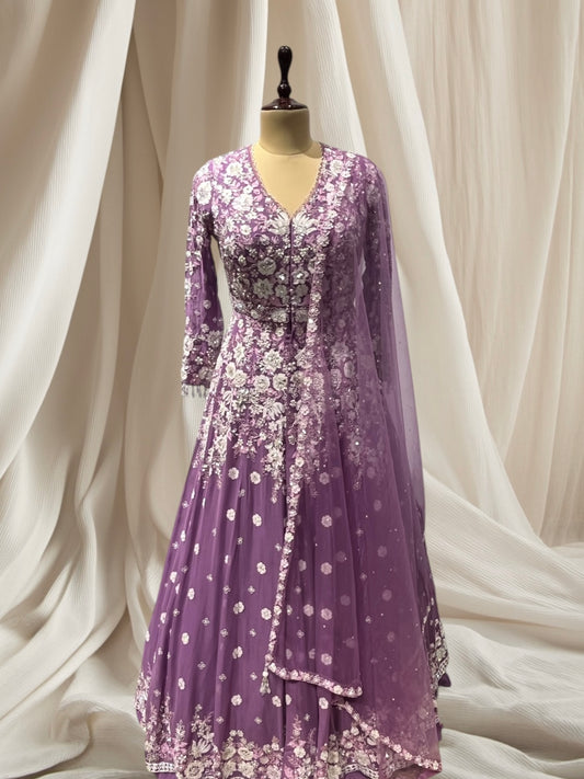 ELEGANT PURPLE GEORGETTE INDO WESTERN CROP TOP WITH RESHAM & PURL EMBROIDERY