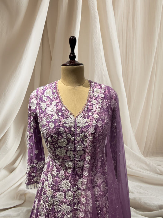 ELEGANT PURPLE GEORGETTE INDO WESTERN CROP TOP WITH RESHAM & PURL EMBROIDERY