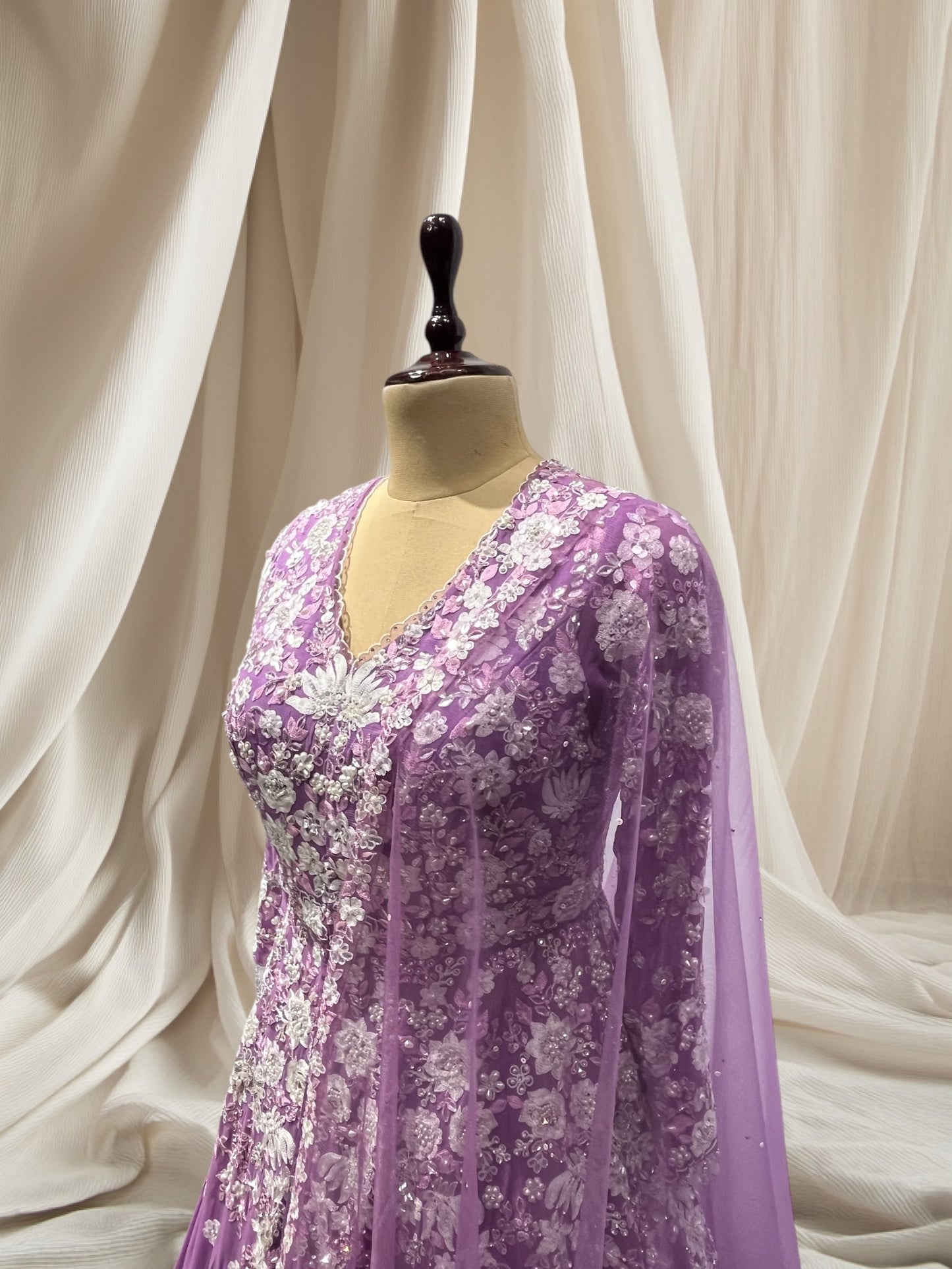 ELEGANT PURPLE GEORGETTE INDO WESTERN CROP TOP WITH RESHAM & PURL EMBROIDERY