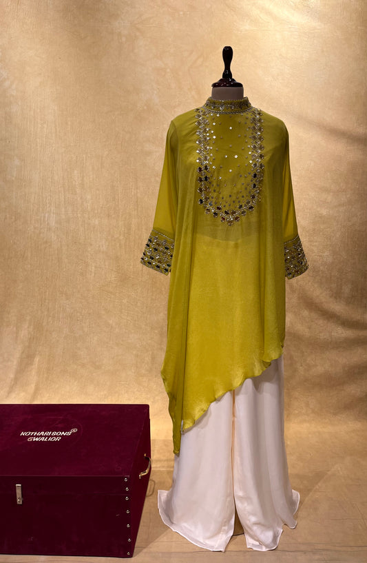 NEON COLOUR CREPE SILK PALAZZO PANT WITH KAFTAN STYLE KURTA EMBELLISHED WITH STONE & SEQUINS WORK