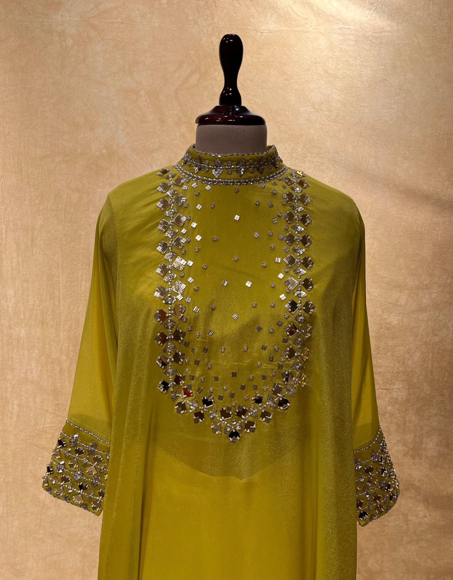 NEON COLOUR CREPE SILK PALAZZO PANT WITH KAFTAN STYLE KURTA EMBELLISHED WITH STONE & SEQUINS WORK