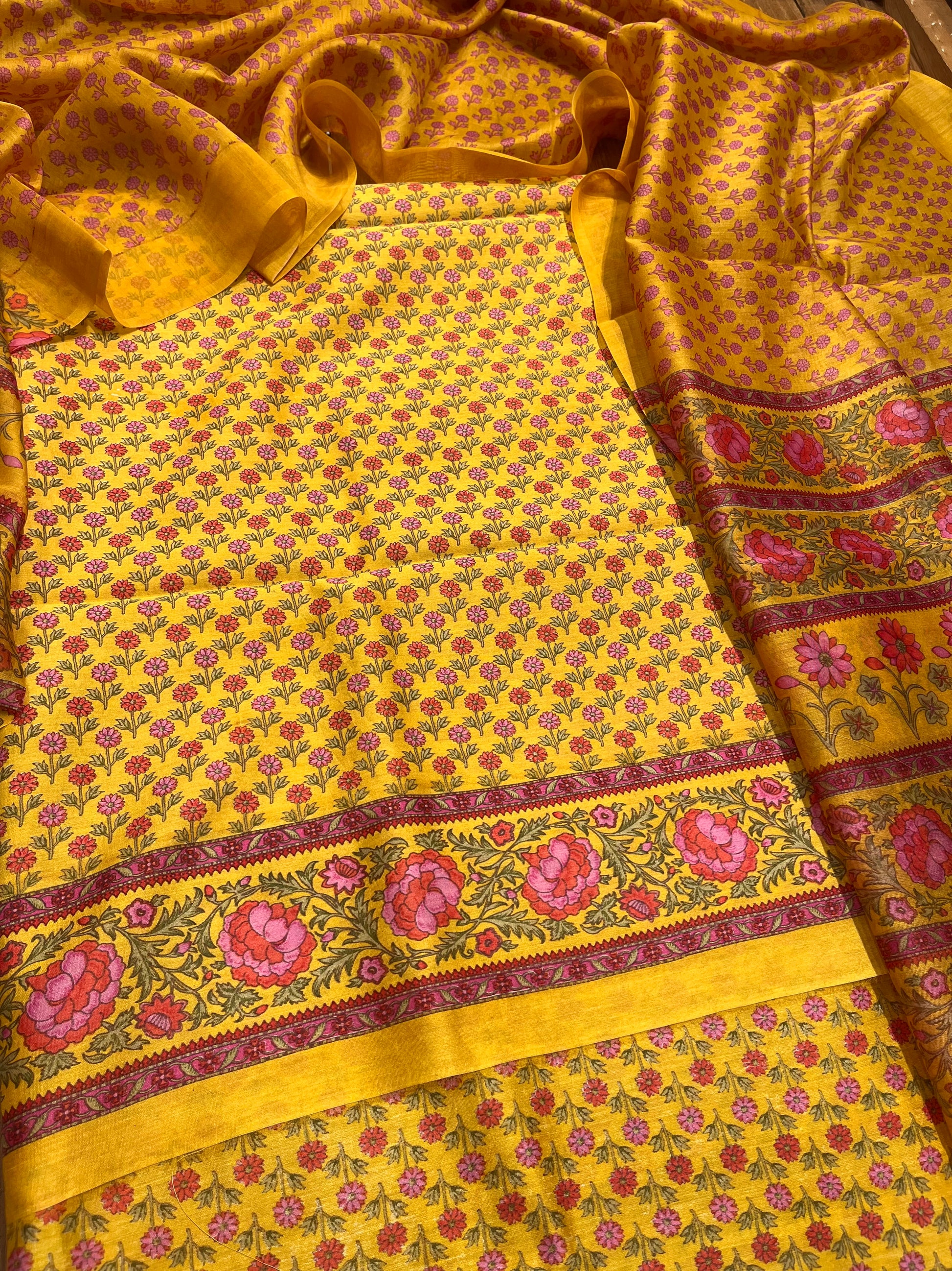 MUSTARD COLOUR CHANDERI SILK PRINTED UNSTITCHED SUIT ( DELIVERY IN 20-25 DAYS ) - Kothari Sons
