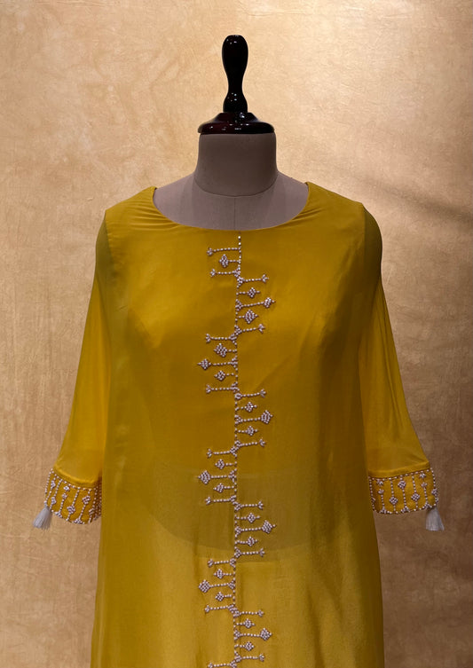 YELLOW COLOUR CREPE SILK PALAZZO PANT WITH EMBROIDERED KURTA EMBELLISHED WITH BEADS WORK