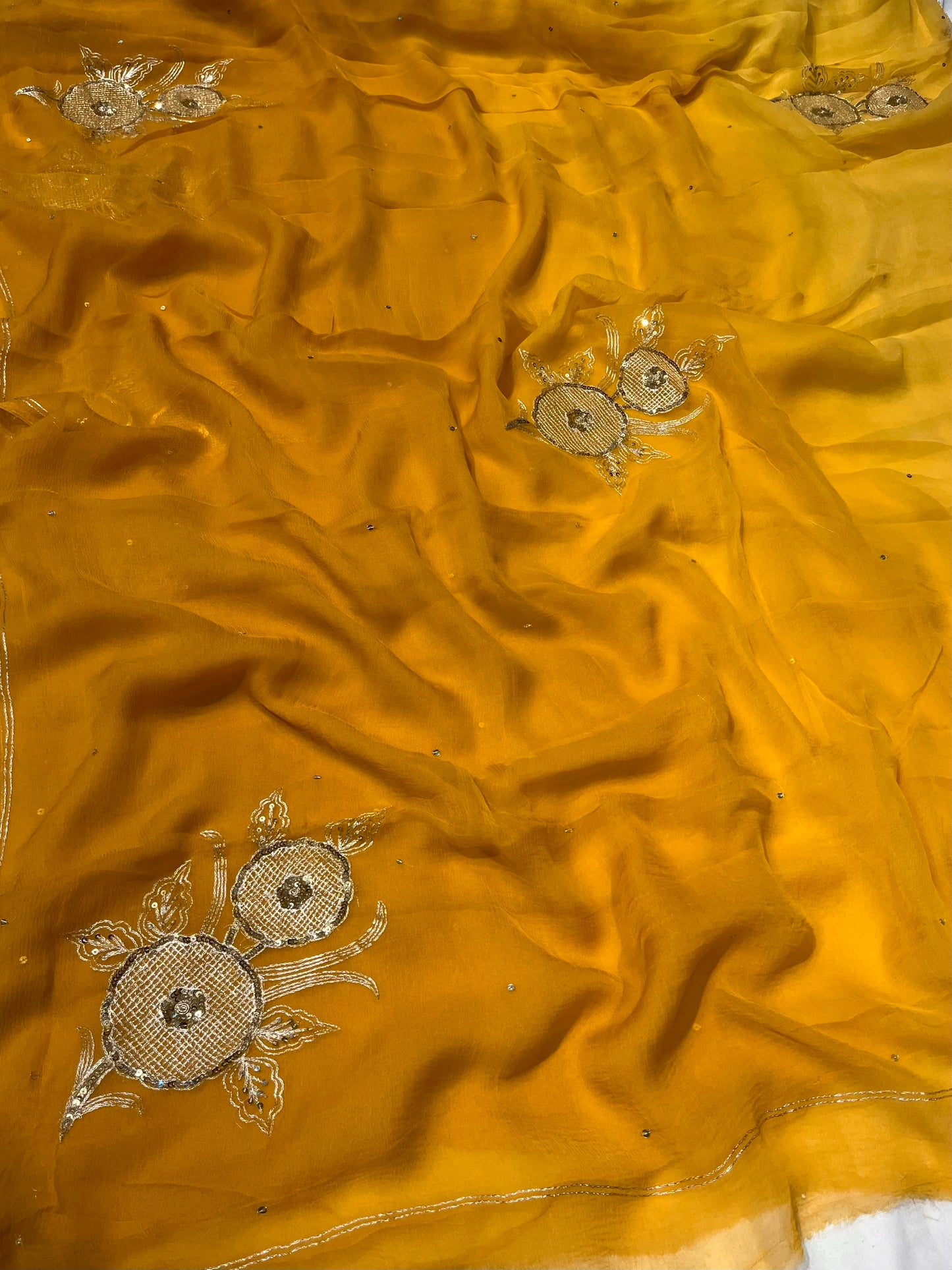 MUSTARD YELLOW COLOUR SHADED CHIFFON EMBROIDERED SAREE EMBELLISHED WITH AARI & SEQUINS WORK ( DELIVERY IN 25 DAYS ) - Kothari Sons