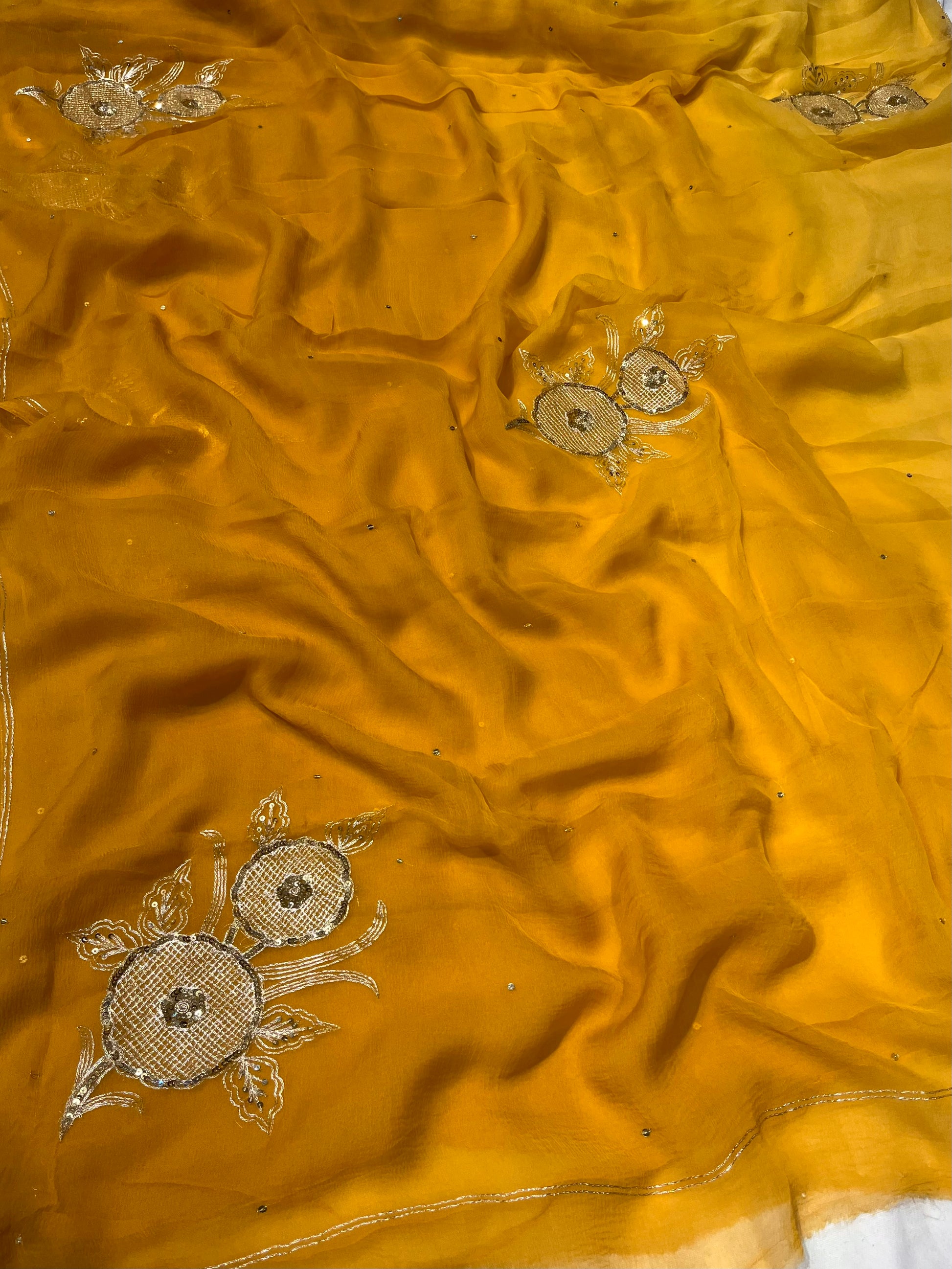 MUSTARD YELLOW COLOUR SHADED CHIFFON EMBROIDERED SAREE EMBELLISHED WITH AARI & SEQUINS WORK ( DELIVERY IN 25 DAYS ) - Kothari Sons