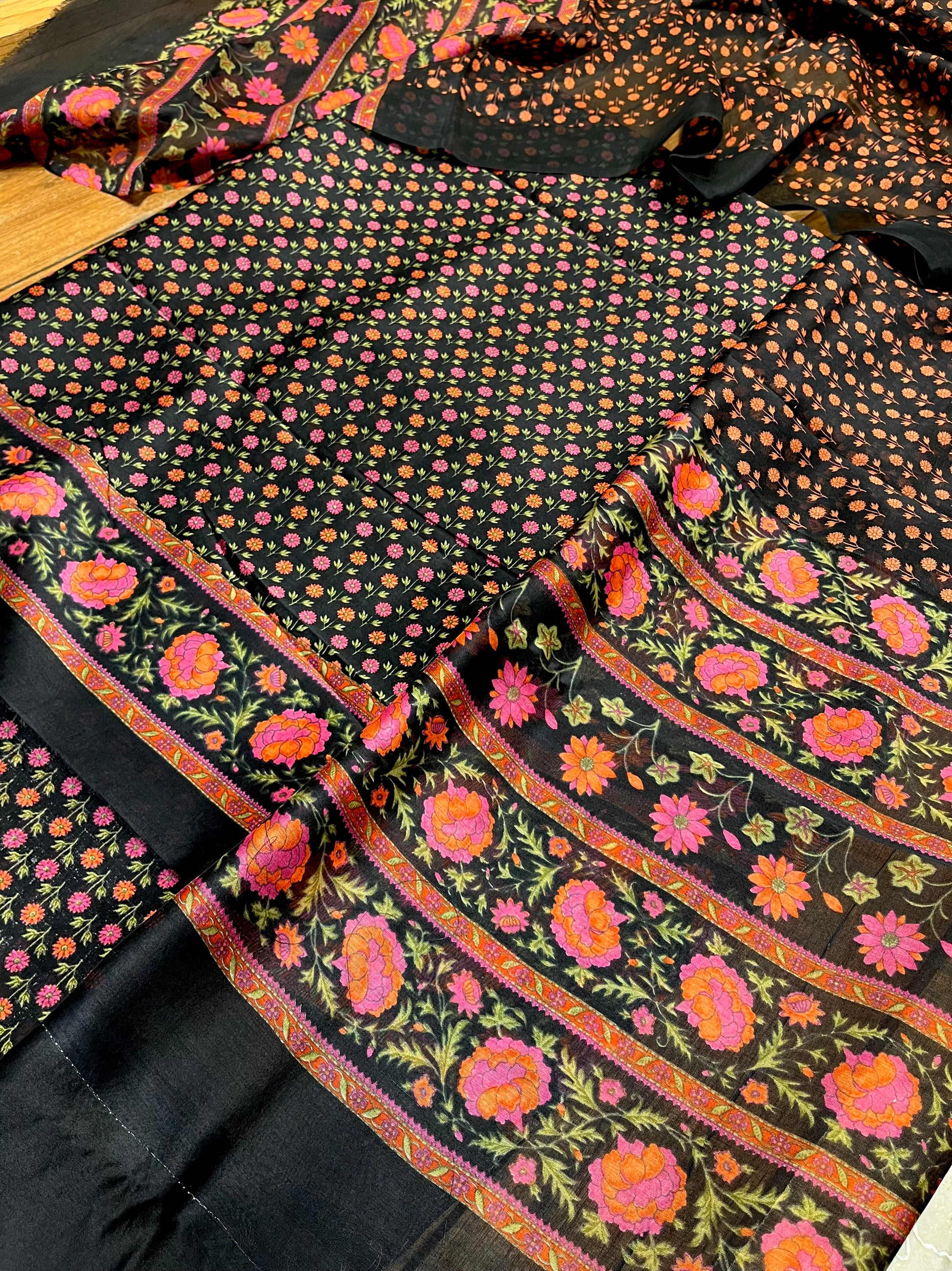 BLACK COLOUR CHANDERI SILK PRINTED UNSTITCHED SUIT ( DELIVERY IN 20-25 DAYS ) - Kothari Sons