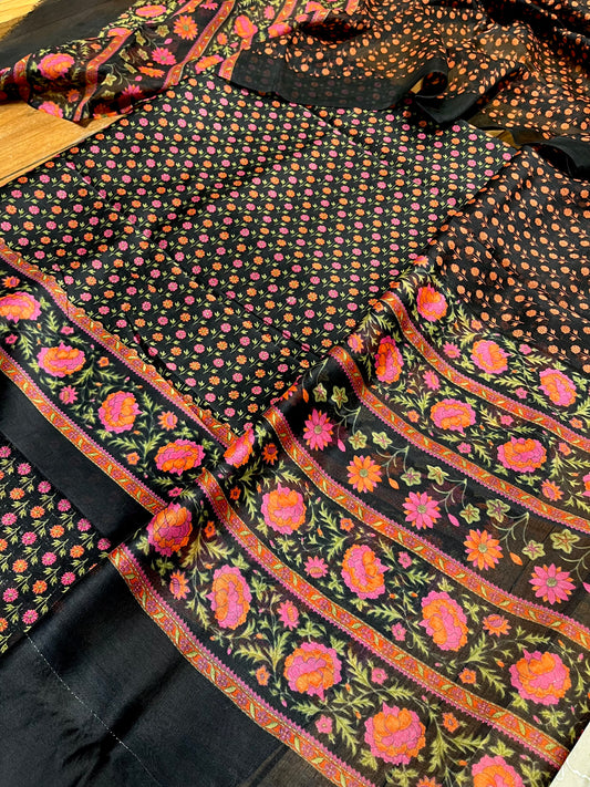BLACK COLOUR CHANDERI SILK PRINTED UNSTITCHED SUIT ( DELIVERY IN 20-25 DAYS ) - Kothari Sons