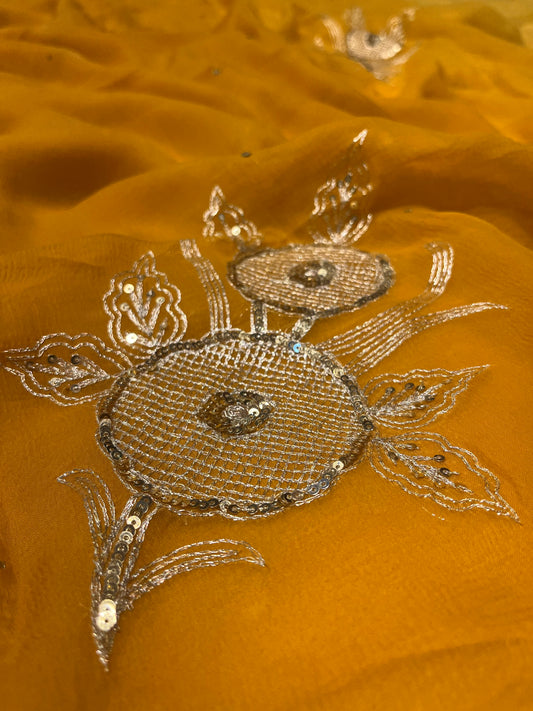 MUSTARD YELLOW COLOUR SHADED CHIFFON EMBROIDERED SAREE EMBELLISHED WITH AARI & SEQUINS WORK ( DELIVERY IN 25 DAYS ) - Kothari Sons