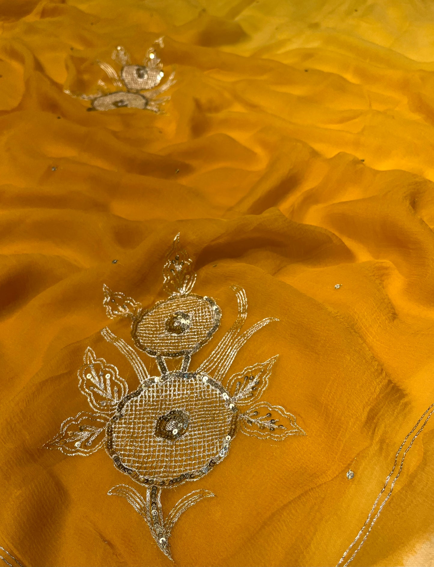 MUSTARD YELLOW COLOUR SHADED CHIFFON EMBROIDERED SAREE EMBELLISHED WITH AARI & SEQUINS WORK ( DELIVERY IN 25 DAYS ) - Kothari Sons