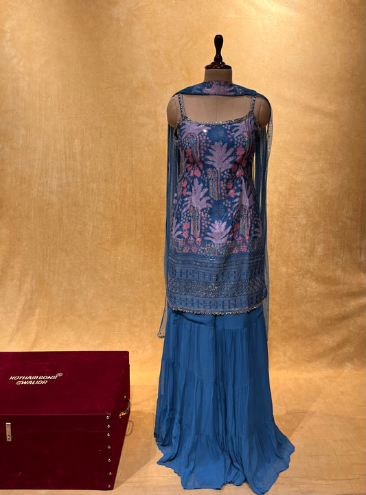 BLUE COLOUR GEORGETTE SHARARA WITH CHINON KURTA EMBELLISHED WITH MIRROR WORK & NET DUPATTA