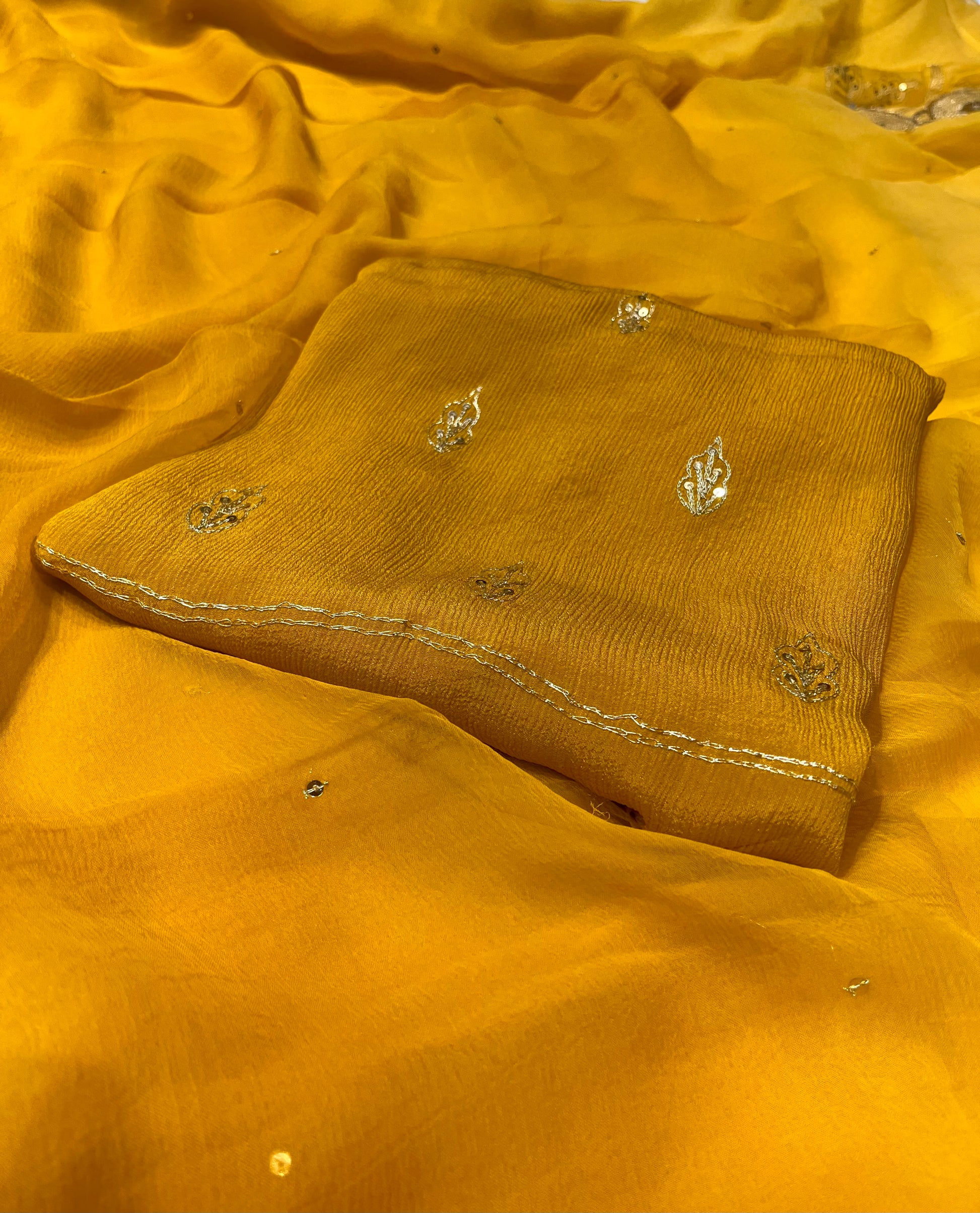 MUSTARD YELLOW COLOUR SHADED CHIFFON EMBROIDERED SAREE EMBELLISHED WITH AARI & SEQUINS WORK ( DELIVERY IN 25 DAYS ) - Kothari Sons