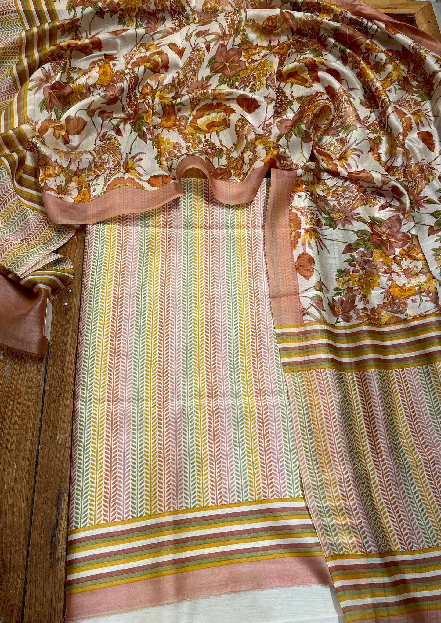 IVORY COLOUR CHANDERI SILK PRINTED UNSTITCHED SUIT ( DELIVERY IN 20-25 DAYS ) - Kothari Sons