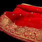 RED CHINON FABRIC BANARASI BORDER MIRROR WORK SAREE WITH CONTRAST BLOUSE